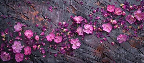 Aufkleber - Top down view of a wide composition featuring pink flowers and purple dried petals on a tree background ideal for a Women s Day greeting card with space for text or images. copy space available