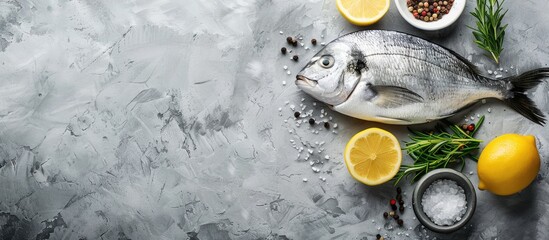 Poster - Flat lay composition featuring fresh dorado fish and ingredients on a grey table with a designated copy space image