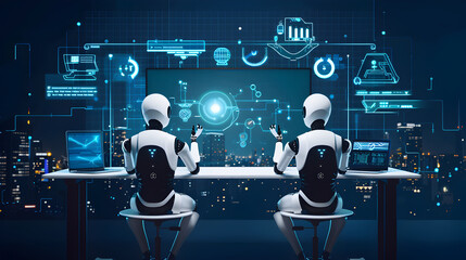  Future evolution change of human resources employee work labor recruitment to iot ai robot computer, technology transform replace human job. Generative Ai.