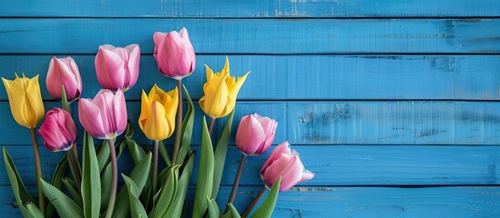 Poster - Copy space image featuring a stunning bouquet of fresh yellow and pink tulips against a blue wooden backdrop