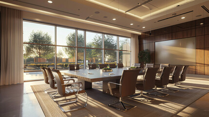 Contemporary meeting room with clean lines, a large table, and ample natural light 