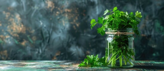 Poster - Jar with vibrant green parsley on a tabletop providing ample copy space for text