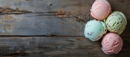Poster - Scrumptious ice cream scoops displayed on a rustic wooden surface with room for text or other elements in the image. copy space available
