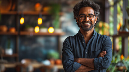Poster - Smiling Indian entrepreneur standing with arms crossed, confident and professional in an office setting.