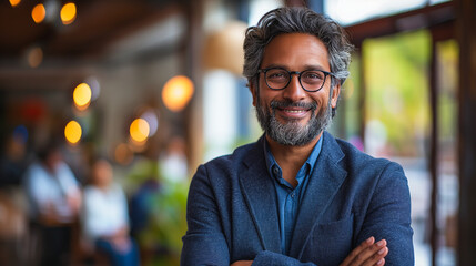 Poster - Indian company executive manager with arms crossed, happy and confident in his office environment.