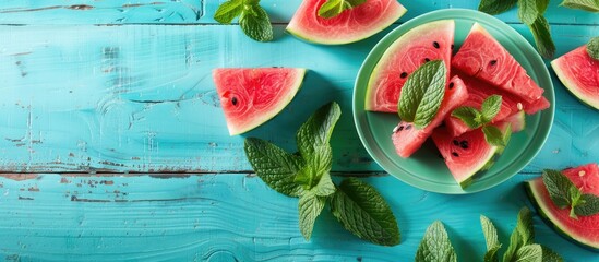 Poster - Organic watermelon and fresh mint on a vibrant blue wooden backdrop perfect for a healthy and refreshing summer snack providing relaxation and vitality with space for additional imagery