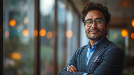 Poster - Indian company executive manager with arms crossed, happy and confident in his office environment.