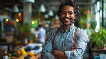 Poster - smiling indian entrepreneur standing with arms crossed, confident and professional in an office sett