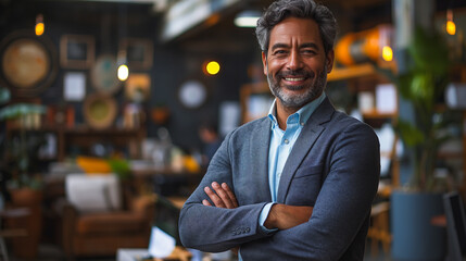 Poster - Indian company executive manager with arms crossed, happy and confident in his office environment.