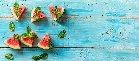 Poster - Organic watermelon and fresh mint on a vibrant blue wooden backdrop perfect for a healthy and refreshing summer snack providing relaxation and vitality with space for additional imagery