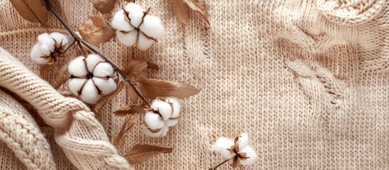 Poster - Top view copy space image featuring a cozy autumn setup with cotton flowers on a knitted beige sweater or plaid background embodying a fall concept with a touch of cozy lifestyle details