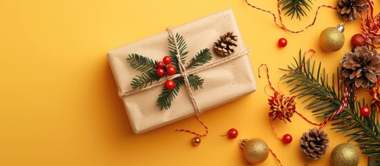 Fototapete - A festive gift box for Christmas displayed over a bright yellow backdrop creating a charming composition with ample copy space image