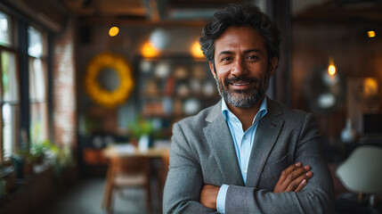 Poster - Confident Indian businessman standing with arms crossed, professional leader smiling in a modern office.