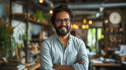 Poster - Smiling male Indian employee, business executive manager standing with arms crossed, exuding confidence in the office.