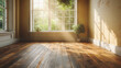 © CreativeIMGIdeas - Interior background of an empty room, wooden floor, and wall, highlighted by sunlight glare from a window.
