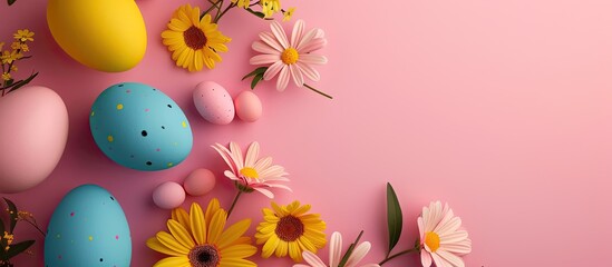 Poster - Easter greeting card with vibrant eggs and flowers on soft pink backdrop from above showcasing copy space image