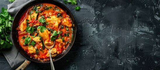 Poster - Top view of a delectable chicken curry in a frying pan with a spoon set on a grey table providing ample copy space image