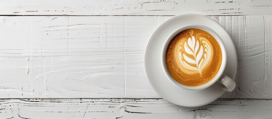 Aufkleber - Tasty coffee with milk in a cup on a white wooden table with a copy space image