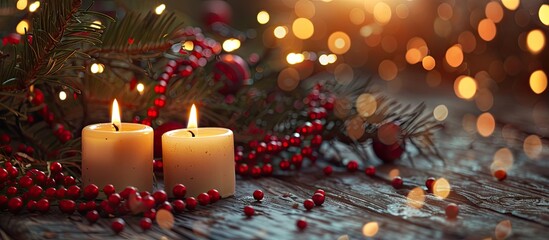 Poster - Beautiful Christmas background with two small round candles displayed on a wooden surface with a background of tree branches red beads and garlands ideal for a festive card with copy space image