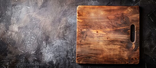 Aufkleber - Top view of a wooden texture chopping cutting board on a dark stone background with copy space image