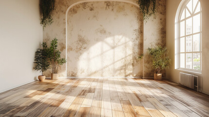Poster - Minimalist interior with empty room, wooden floor, and wall, featuring natural window glare for a presentation backdrop.