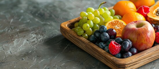 Poster - Close up view of a wooden tray with fruits on a kitchen table showcasing copy space image
