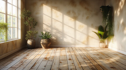 Poster - Minimalist interior with empty room, wooden floor, and wall, featuring natural window glare for a presentation backdrop.