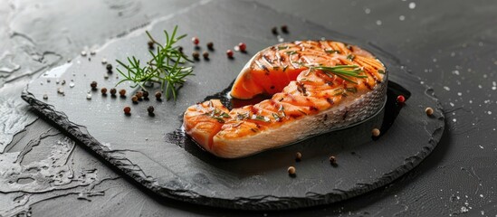 Aufkleber - Top view of a salmon fish steak with seasoning on a black slate plate with copy space image available
