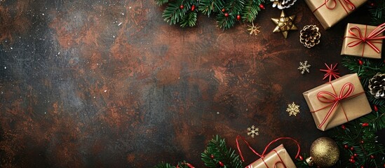 Aufkleber - Top down view of a rustic background with Christmas gifts decorations and copy space image for New Year s holiday family traditions