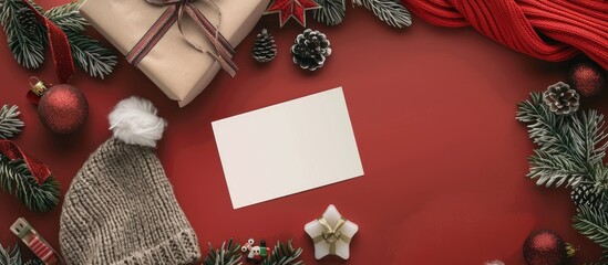 Fototapete - Winter themed Christmas composition with a flat lay top view featuring a blank card on a gift box adorned with a hat spruce branches and toys on a red table offering copy space image