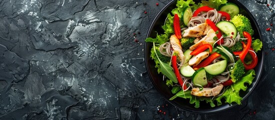 Poster - A salad with Chinese noodles chicken peppers and cucumber displayed on a textured stone background with empty space for more elements in the image. copy space available