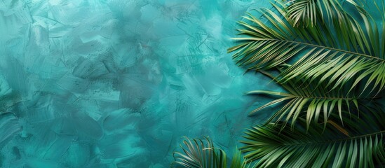 Poster - A serene summer themed composition featuring lush palm leaves against a vibrant turquoise backdrop inviting text placement This top down arrangement exudes a chic simple aesthetic
