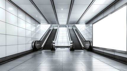 A subway station with two escalators and a blank advertising billboard. Empty mockup for commercials