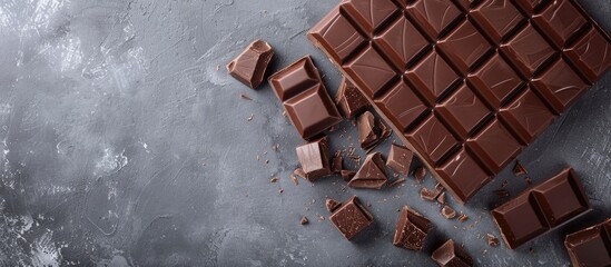 Poster - Flat lay of tasty milk chocolate bars on a gray table with a spacious area for text within the image. copy space available