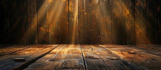 Canvas Print - An antique wooden table illuminated by abstract light on a weathered wooden background perfect for a versatile copy space image