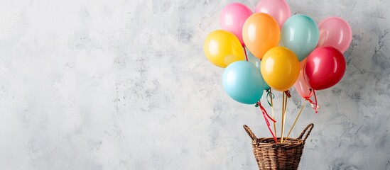 Poster - A wicker basket filled with colorful balloons placed against a wall with a white background creating a lovely composition with copy space image