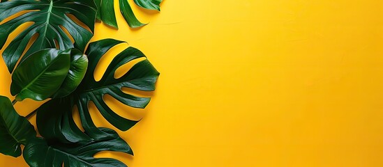 Aufkleber - Top down perspective of a simplistic office desk adorned with a plant against a yellow background ideal for showcasing designs with the availability of copy space image