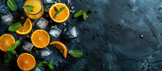 Aufkleber - Top down view of fresh orange juice orange slices mint leaves and ice on a dark backdrop with ample space for additional content like a logo or text copy space image