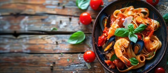 Aufkleber - Freshly cooked homemade fettuccine with creamy tomato sauce seafood parmesan basil and cherry tomatoes on a wooden table with selective focus copy space image