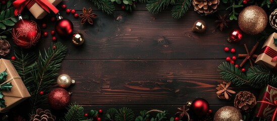 Poster - An overhead view captures a festive scene featuring Christmas ornaments gift box and decorations on a dark wooden backdrop ideal for a message with a copy space image