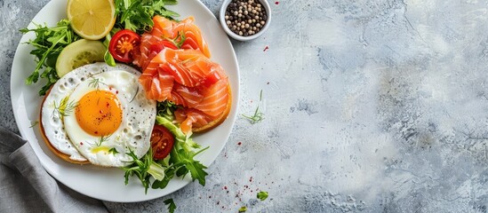 Poster - Top down view of a nutritious breakfast spread featuring fried eggs salmon sandwiches and a fresh salad on a plate with empty space for adding text or graphics. copy space available