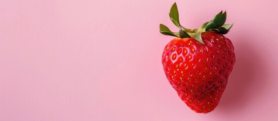 Poster - A strawberry rests on a pastel pink surface in a flat lay composition offering a top down view with ample copy space in the image