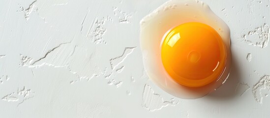Poster - A bird s eye view of a fresh egg yolk on a white backdrop with ample copy space image