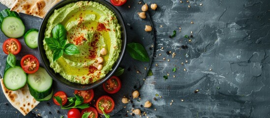 Poster - Copy space image showcasing green hummus served with pita bread and fresh veggies