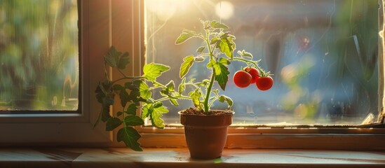 Poster - Indoor setting with a tomato plant in a pot on a windowsill showcasing a copy space image