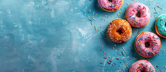 Poster - Colorful glazed doughnuts on a blue concrete surface top view with ample copy space image