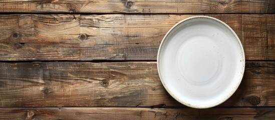 Poster - A wooden table displaying a white plate with ample copy space image