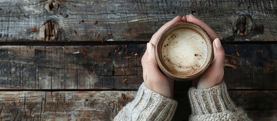 Poster - Hands of a woman in a gray sweater holding a cocoa mug against a rustic wooden backdrop with a space for adding more images. copy space available