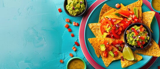 Poster - Plate with delicious nachos and guacamole on a colorful background with empty space for text or other elements in the image. copy space available