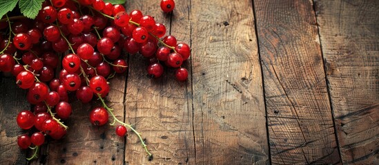 Poster - Ripe red currants displayed on a wooden surface with copy space image